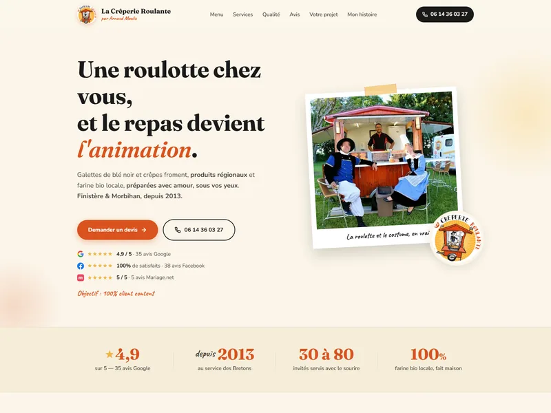 Page d'accueil du site de La Crêperie Roulante, traiteur crêpes à Concarneau