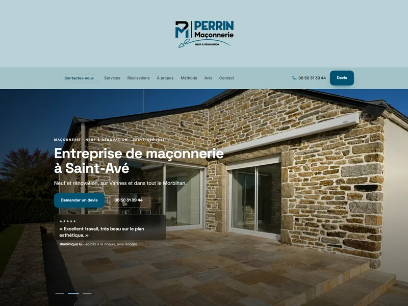 Page d'accueil du site de Perrin Maçonnerie, maçon à Saint-Avé